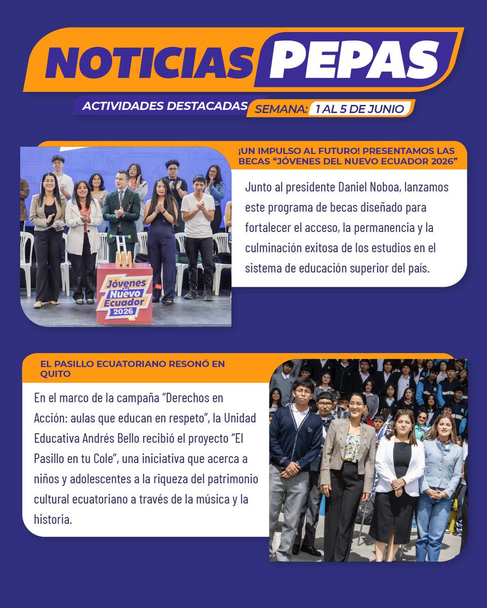 Educacion_Ec's tweet photo. 📢 #NoticiasPepas | Del 1 al 5 de junio, el MINEDEC impulsó iniciativas que fortalecen el acceso a la educación, promueven el bienestar estudiantil y fomentan nuestra identidad cultural. 🎓✨

Entre las actividades destacadas de la semana se encuentran el lanzamiento de las becas “Jóvenes del Nuevo Ecuador 2026”, que amplían las oportunidades de acceso y permanencia en la educación superior, y “El Pasillo en tu Cole”, una iniciativa que llevó música, cultura y alegría a estudiantes de la capital.

📸 Conoce más sobre estas y otras acciones destacadas. 👇🏻