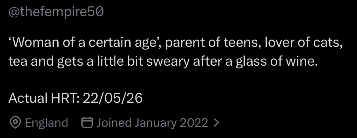 UkeCreature's tweet photo. just saw a TERF with an hrt start date in bio. incredible advances in culture are being made, our most ardent detractors still seek to emulate us in their obsessive hate. very funny https://t.co/7YO5URx468