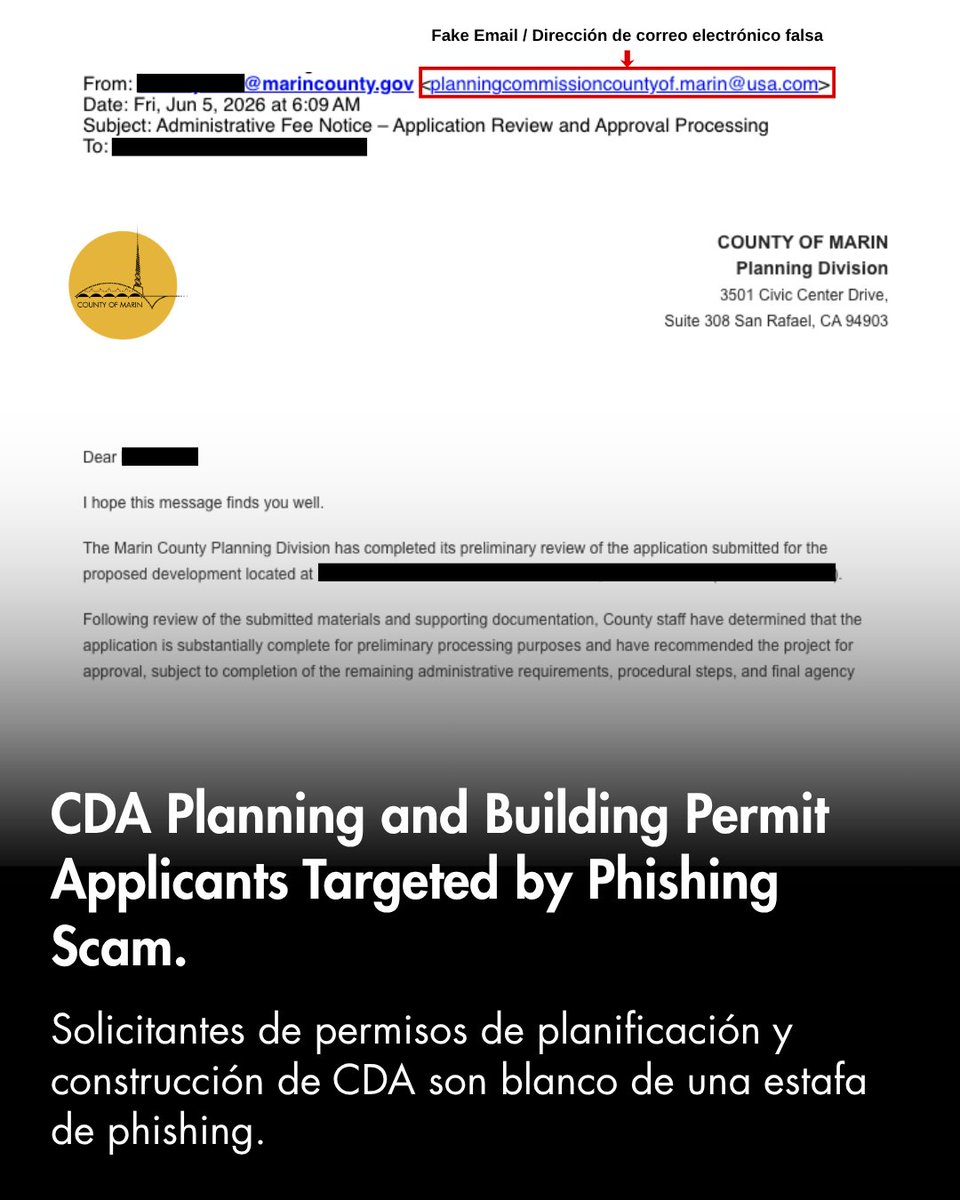 maringov's tweet photo. CDA planning and building permit applicants are being targeted by fake payment emails. Marin County will never request payment by wire transfer, Zelle, Venmo, PayPal, or other payment apps. Verify suspicious emails before paying: CDAOmbudsperson@marincounty.gov https://t.co/tupZAKRwBE