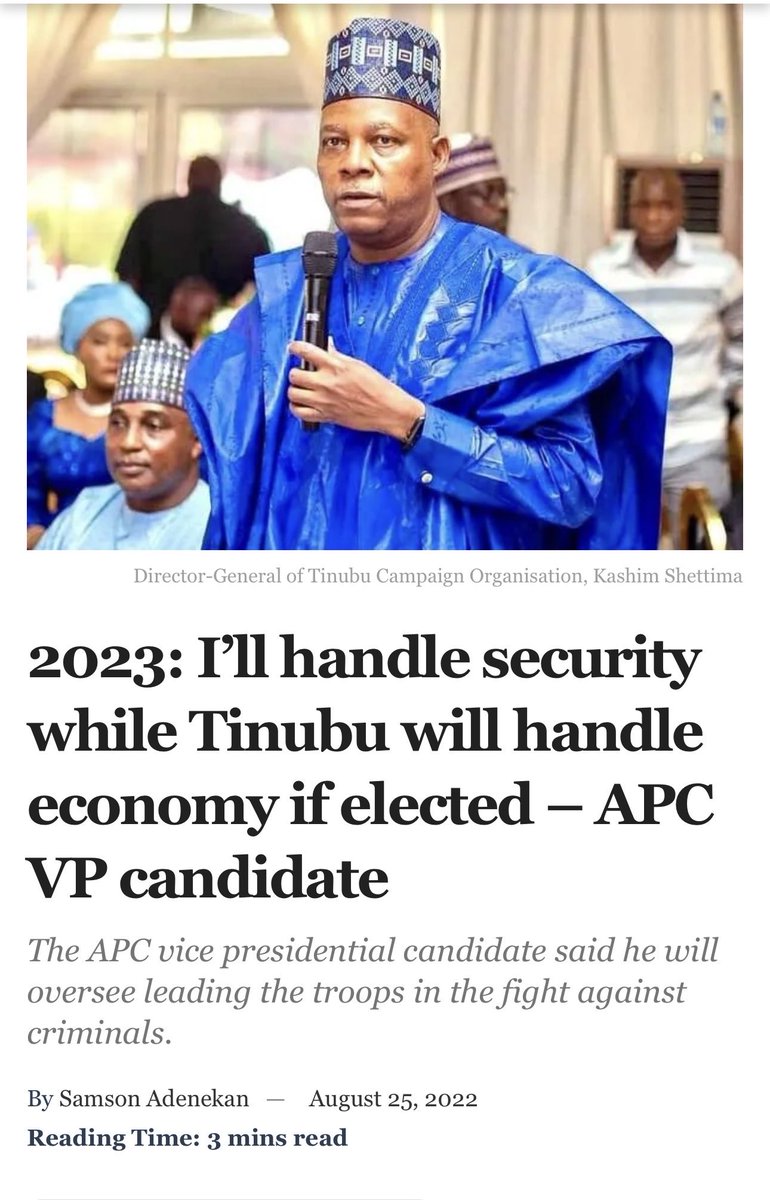 RBiakpara's tweet photo. I’ll handle security while Tinubu will handle economy if elected – APC VP candidate, Shettima. 

How ffffffar?! Why do APC supporters now want others to take the responsibility for this gross failure of a party?

#APartyOfCrooks
#ImWalkingAway https://t.co/XamHbbNRbA