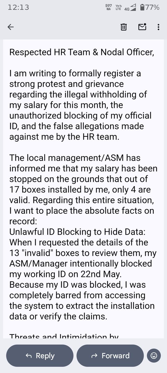 DwivedRamdutt's tweet photo. "My salary has been illegally withheld by @Paytm @PaytmCare. My ID was blocked on 22nd May by the ASM to hide data after I installed 17 boxes. On 29th May, HR sent a false absconding notice. Sent official emails but no reply or resolution yet. Need urgent help! @LabourMinistry" https://t.co/26BPD96Ypg