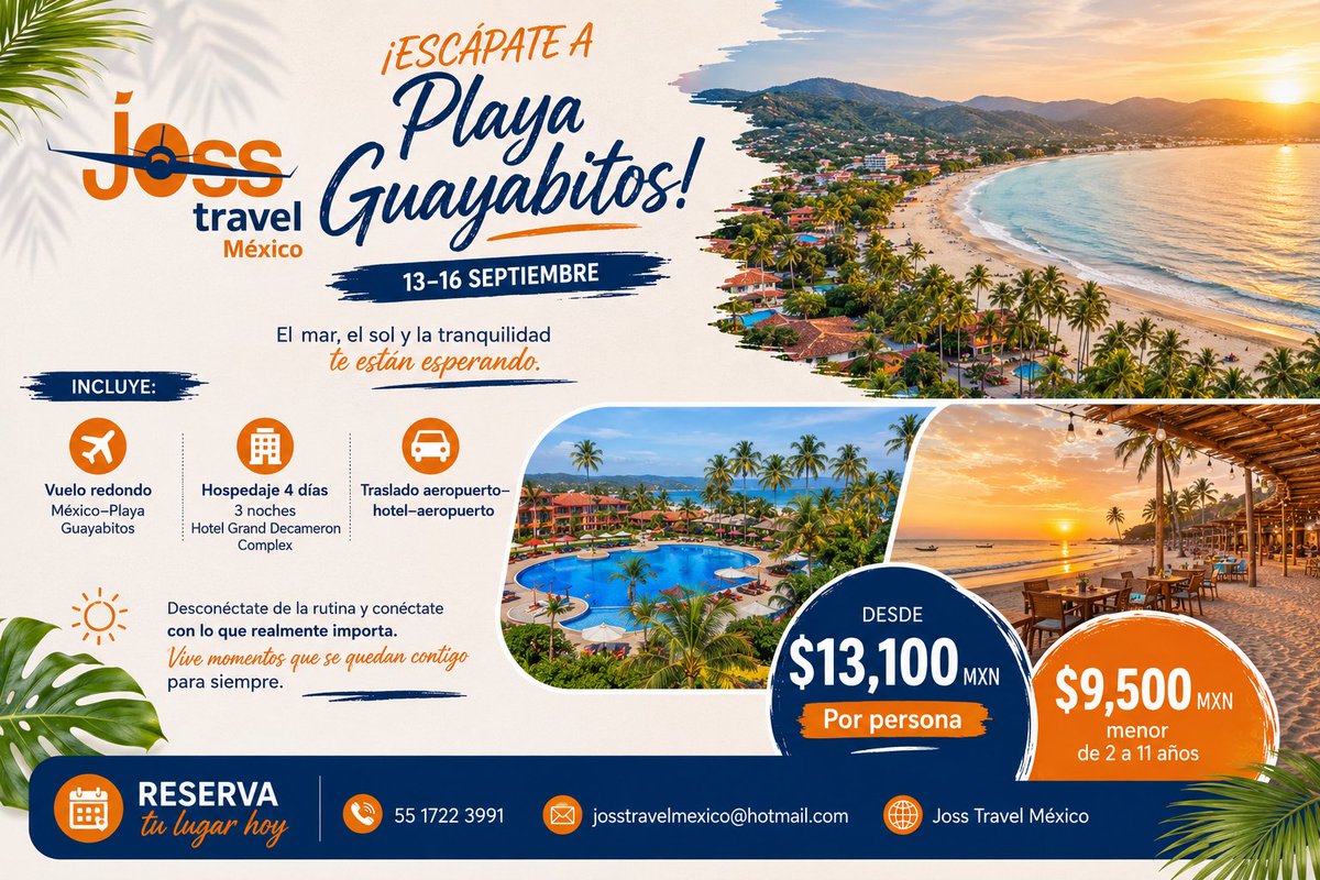 JossTravelMex's tweet photo. Ultimas Habitaciones 
Grita viva Mexico en Guayabitos 
del 13 al 16 de Septiembre 
Todo Incluido 
Tel. 5565811551
#atreveteavivirviajando #asiYOviajera
#Decameron #playaGuayabiyos #todoincluido https://t.co/uRx9mqZzTj