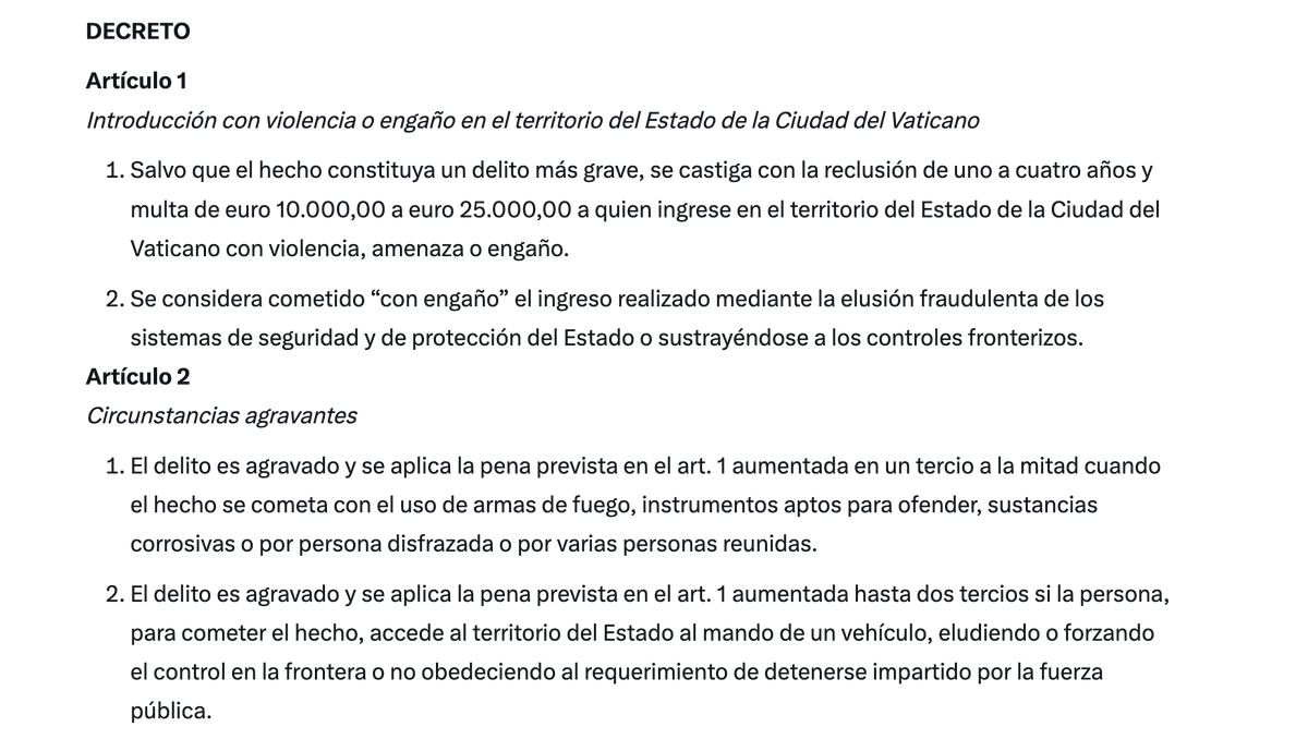 hermanntertsch's tweet photo. Aquí tienen el texto del decreto del Vaticano para combatir la inmigración no autorizada en el territorio de la Santa Sede.
Personalmente me declaro partidario de copiar textualmente y de inmediato al Vaticano las medidas con que se persigue y condena a cárcel, multa y prohibición de entrada en el territorio a todo intruso que cruce sus fronteras no autorizado.