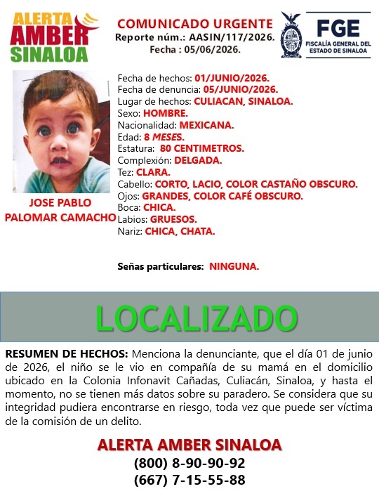 AAMBER_sin's tweet photo. El niño ya fue localizado. Gracias por su colaboración.
#AlertaAmberSinaloa
#FiscaliaSinaloa https://t.co/q6W5QHmkQx