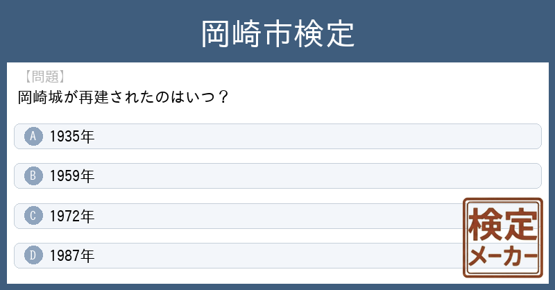 kentei_maker's tweet photo. 「岡崎市検定」(検定作成者: @MEITETSU_1200)が注目されています。
その中から１問紹介します。

【問題】
岡崎城が再建されたのはいつ？

A. 1935年
B. 1959年
C. 1972年
D. 1987年

あなたはどれが正解だと思いますか？
（正解は明日リプライします）

#岡崎市検定 https://t.co/looK4Q3u3O