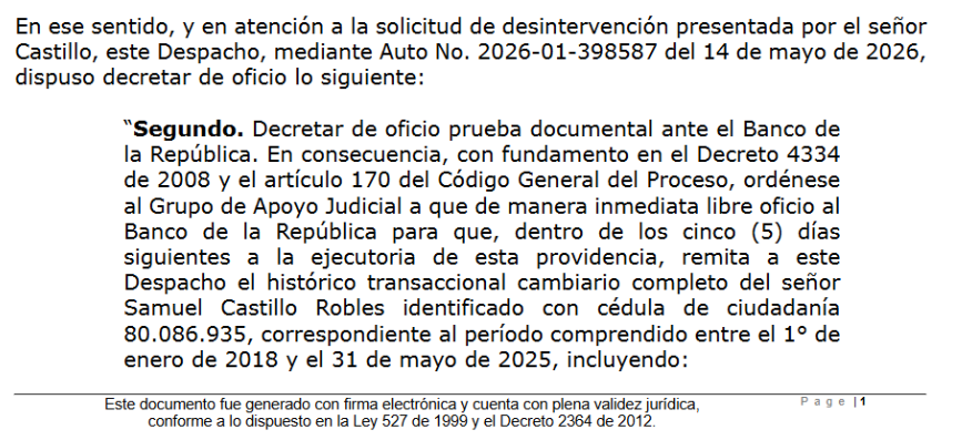 casoasomuffaa's tweet photo. 🚨 URGENTE | El interventor  de @SSociedades del #CasoAsomuffaa le hace solicitud formal al Banco de la República del histórico cambiario completo del Sr Samuel Castillo como parte de prueba del proceso con el fin de comprobar sus transacciones hacia y desde el exterior: https://t.co/alS4fU9Nqq
