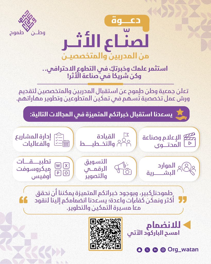 org_watan's tweet photo. استثمر علمك وخبرتك في التطوع الاحترافي.. وكن شريكاً في صناعة الأثر

تعلن جمعية وطن طموح عن استقبال المدربين والمتخصصين لتقديم ورش عمل تخصصية تُسهم في تمكين المتطوعين وتطوير مهاراتهم

🔗 للتسجيل والانضمام: 
عبر الرابط 

https://t.co/z0BOgmNtyz

#وطن_طموح #التطوع_الاحترافي #صناع_الأثر