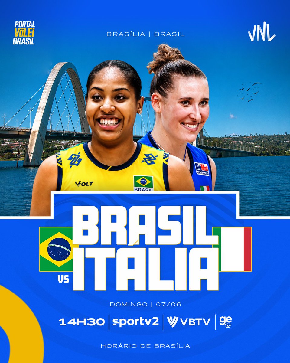 portal_volei's tweet photo. Neste domingo (07/06), às 14h30, tem clássico na VNL Feminina 2026! A Seleção Feminina encerra sua participação na primeira semana da competição com um grande duelo diante da Itália, em Brasília. Promessa de jogo intenso, emoção do início ao fim e duas das principais potências do vôlei mundial frente a frente. Orem e torçam pelo nosso Brasil! 🇧🇷