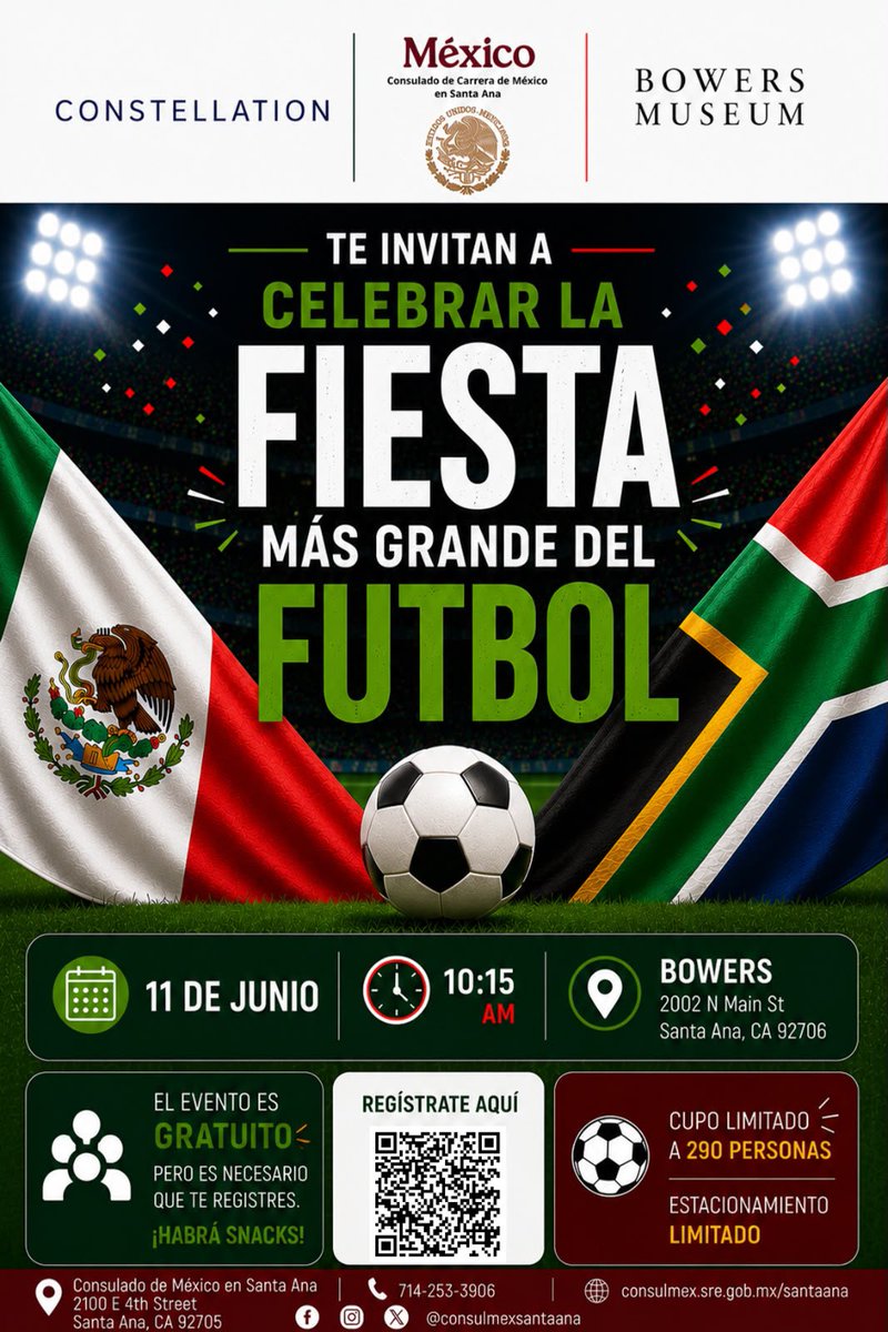 ConsulmexStaAna's tweet photo. ⚽🇲🇽 ¡Apoya a la Selección Mexicana!
@ConsulmexStaAna, en colaboración con @BowersMuseum y Constellation Culinary Group, te invita al partido inaugural.
📅 11 de junio | 10:15 a.m.
📍 Bowers Museum
Registro gratuito: https://t.co/XAbXLEIzA1
#ConsulmexSantaAna https://t.co/0OqH8BWwpi
