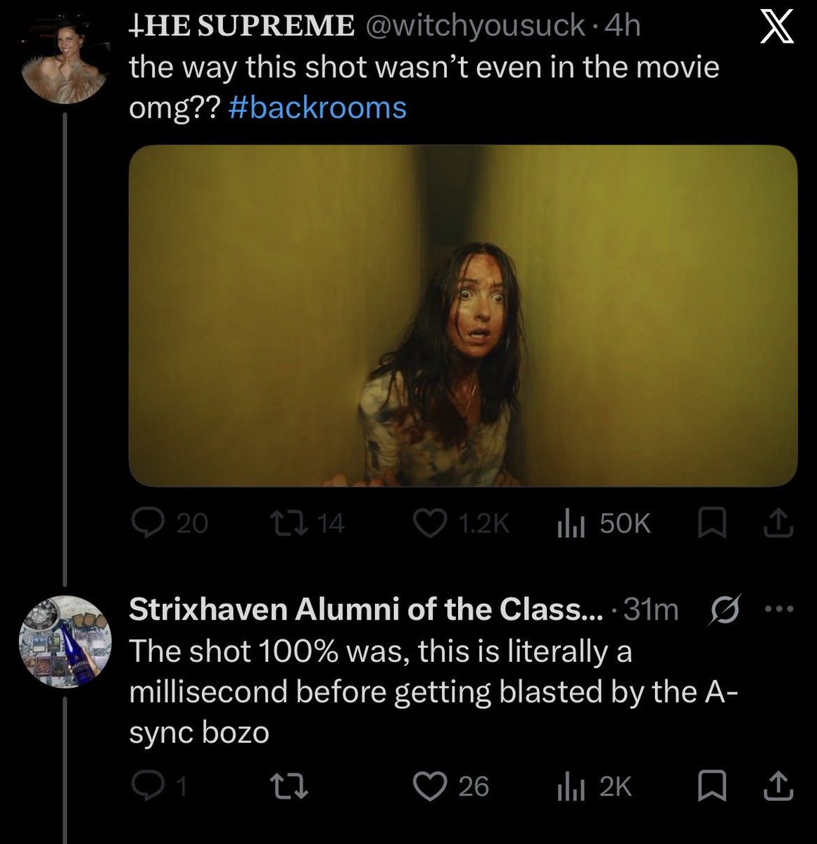 StrixhavenAlum's tweet photo. People need to stop talking about movies they haven’t seen, yes that includes people on their phones during a movie #Larprooms #Backrooms https://t.co/RMXnHP2eKe