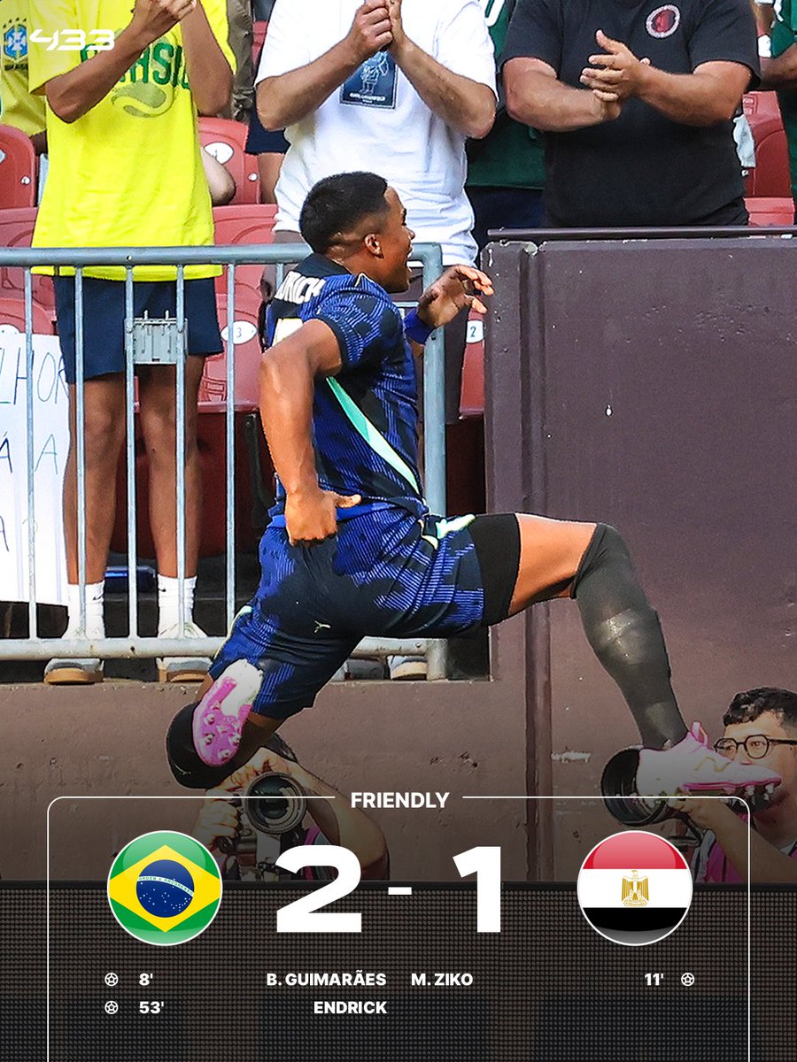 433's tweet photo. 𝐒𝐔𝐏𝐄𝐑 𝐄𝐍𝐃𝐑𝐈𝐂𝐊 𝐀𝐓 𝐈𝐓 𝐀𝐆𝐀𝐈𝐍 🇧🇷⭐

2 G/A in his last 3 Brazil games for Endrick — all while coming off the bench 😮🔥

Raphinha provided the assist, while Bruno Guimarães also got on the scoresheet 👏

Two wins. Eight goals scored. Brazil are 𝗥𝗘𝗔𝗗𝗬 𝗙𝗢𝗥 𝗧𝗛𝗘 𝗪𝗢𝗥𝗟𝗗 𝗖𝗨𝗣 😎🇧🇷