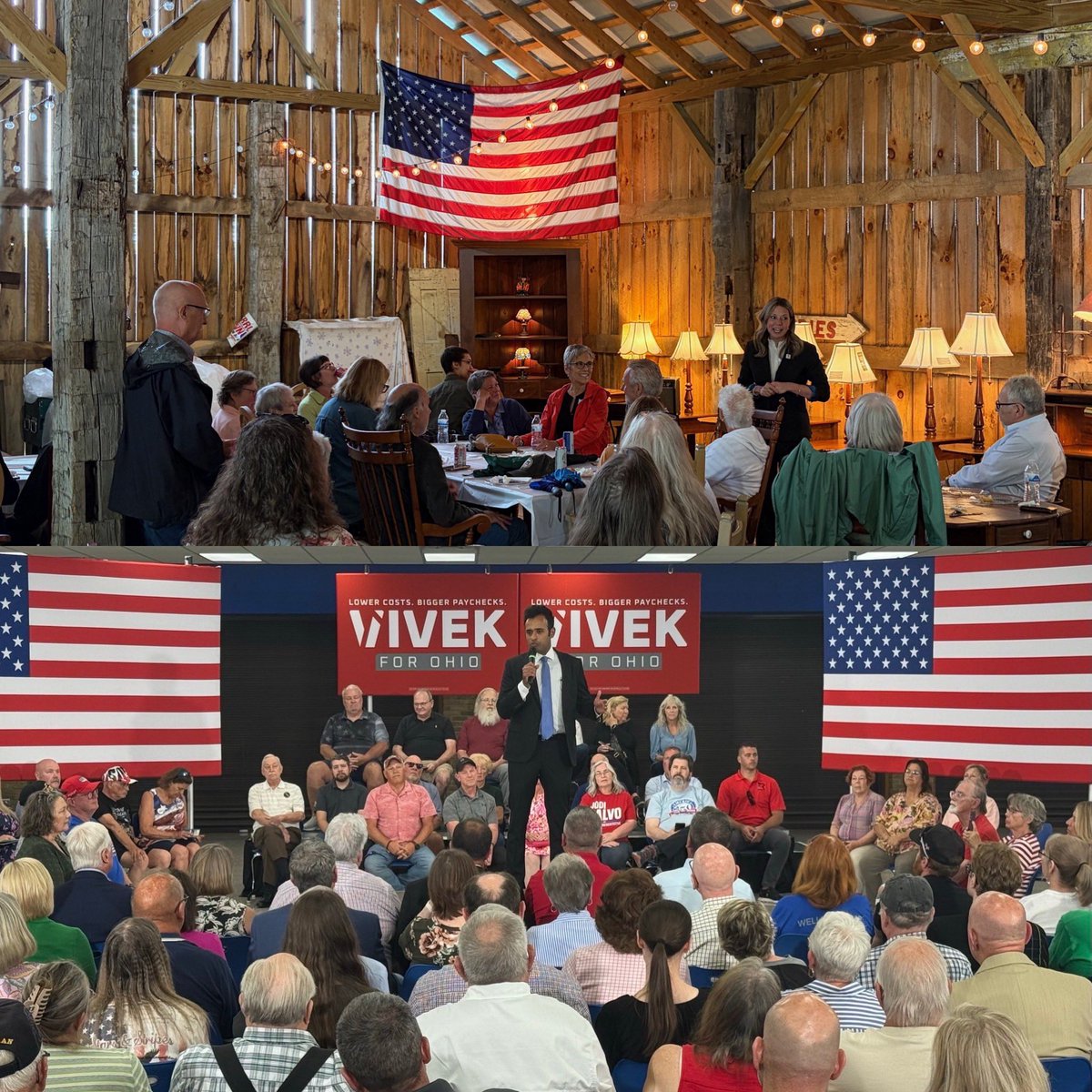 ChairmanAlex's tweet photo. The photos say it all. These two photos were taken within 24 hours of each other and have consistently told the story of the Ohio governor campaign. While @VivekGRamaswamy has enjoyed sold-out crowds everywhere for his entire campaign, Amy Acton gets fewer than 20 people at her events.
