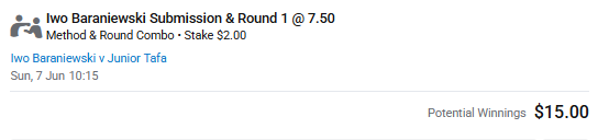 Slayer_Tip's tweet photo. I have a feeling Baraniewski is going to get the takedown and find the club and sub, I don’t think we’ll see a classic brawl on the feet with someones chin going flying through the window. Still, the chance of a KO is higher than Sub, and predicting is all about chance, right? Iwo via KO R1 (1/3) #UFCVegas118