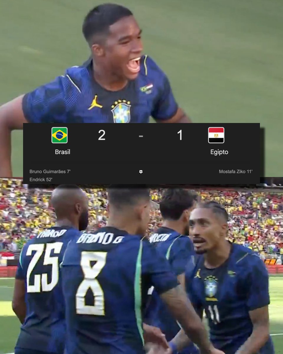 InvictosSomos's tweet photo. ¡¡ÚLTIMA HORA: BRASIL CERRÓ SU PREPARACIÓN MUNDIALISTA CON TRIUNFO ANTE EGIPTO!!

RESULTADO. Brasil 2-1 Egipto. 

La Selección de Brasil concluyó su preparación para el Mundial 2026 con una victoria ante Egipto. Bruno Guimaraes y Endrick (sí, otra vez apareció Endrick) marcaron los goles del triunfo. Un grave error de Marquinhos complicó las cosas, pero los dirigidos por Carlo Ancelotti lograron imponerse. Hoy también fue tarde de asistencia para Raphinha. 

Neymar no jugó. Sin embargo, ya está en la parte final de su recuperación y se espera que sea elegible en los primeros partidos de la Copa del Mundo. Cuestión de días para que inicie la lucha de Brasil por el trono del fútbol mundial. 

EL SUEÑO ES EL HEXACAMPEONATO.