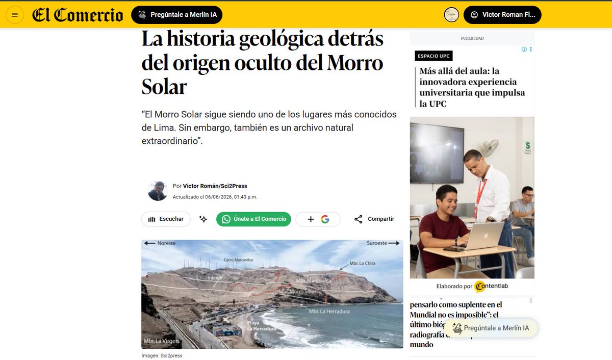 VktorR's tweet photo. Los invito a leer mi última columna sobre la historia geológica del Morro Solar.

Se trata de una fascinante investigación científica realizada por el Dr. Aldo A. Alvan y su equipo.

Este trabajo fue realizado a través del servicio #Sci2Press. Consultanos para trabajos similares. https://t.co/ikxsb3q5ne