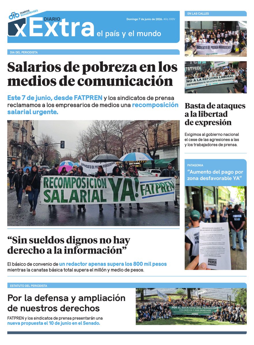 SiPreBo's tweet photo. 7J: ¡Recomposición salarial ya!

Este 7 de junio, Día de les Periodistas, volvemos a intervenir la tapas de los principales diarios que integran la Asociación de Diarios del Interior (ADIRA) para reclamar respuestas urgentes en la paritaria de prensa escrita. https://t.co/Ke74CqeckS
