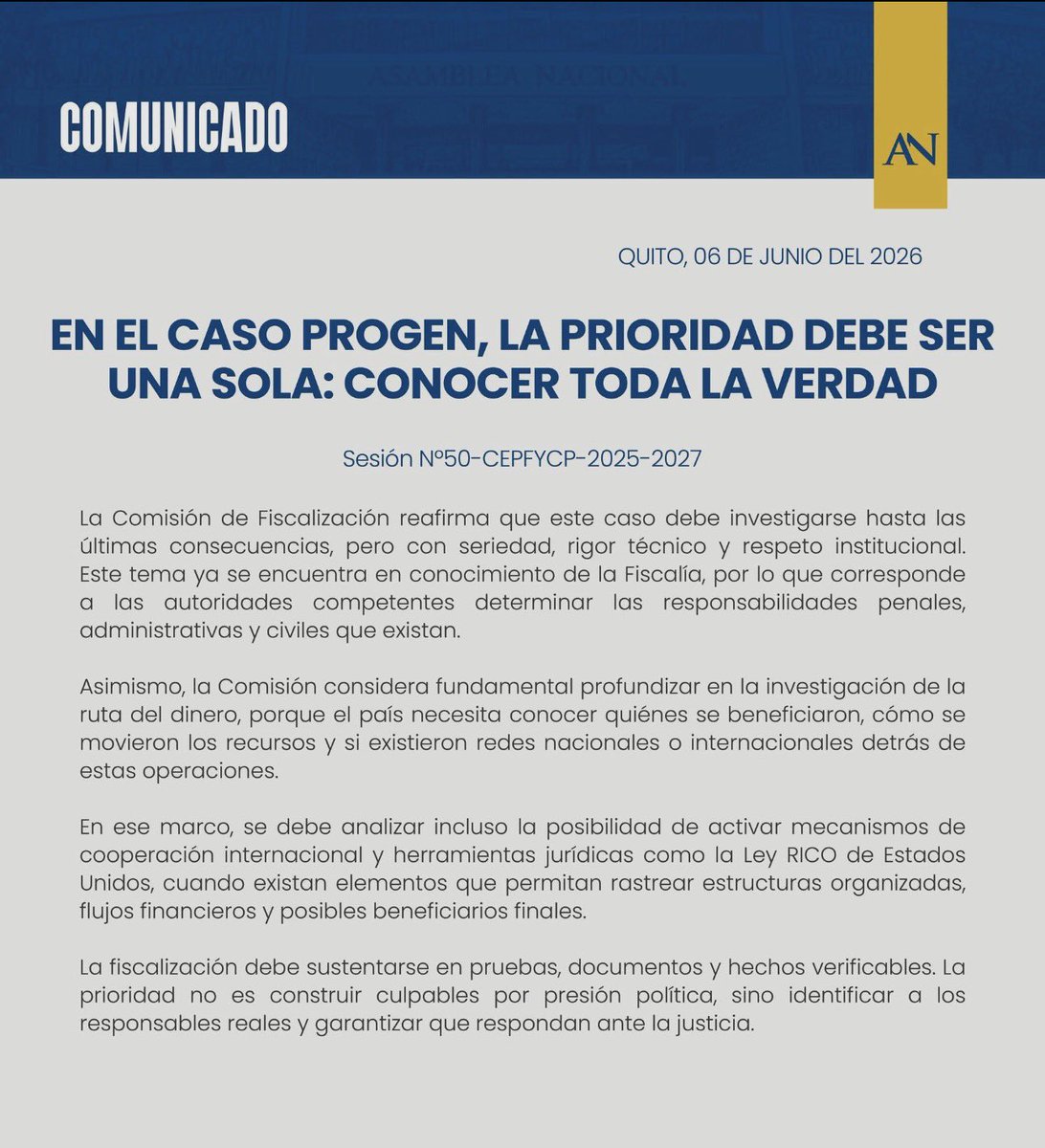 fabriciovelav's tweet photo. Fiscalización a la carta (aunque se enojen cuando se les critica).

La Comisión de Fiscalización decidió no dar paso al trámite de un juicio político relacionado con un hecho totalmente coyuntural y grave (Progen), bajo el argumento de que está en manos de la justicia… pero…

En la Asamblea se realiza una fiscalización sobre la compra de trolebuses eléctricos para Quito y el funcionamiento del Metro, pese a que ambos temas están bajo indagación en la Fiscalía.

Y para el martes se incluyó en la agenda de la sesión del Pleno el conocimiento de un informe del caso Sucre - Foglocons que data del 14 de diciembre de 2021… hace 5 años y medio.

¡Las prioridades por debajo de los distractores!