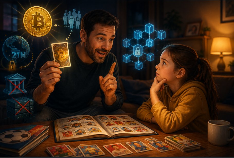 BaltarSergio's tweet photo. Vamos a 3ª publicação da explicação sobre o que é o Dinheiro. No ultimo texto expliquei blockchain para minha filha de 8 anos. Foi assim: Imagina um caderninho onde a sua turma inteira anota as trocas de figurinha. Cada um guarda uma cópia. Se alguém tentar apagar uma anotação, todo mundo percebe, porque as outras cópias são diferentes.

Esse caderninho que ninguém controla sozinho... chamamos de blockchain. Sem dono. Sem como mentir. Todo mundo vê tudo. Simples assim. O resto é detalhe técnico que vem depois.  A analogia do caderninho da turma captura os três pilares do blockchain de uma vez: descentralização, transparência e imutabilidade, sem usar nenhuma dessas palavras.

Agora chegou a hora de mostrar o conceito de cripto, e nada melhor que começar com a principal cripto, o Bitcoin.  E assim comecei: "Filha, lembra quando você queria muito aquela figurinha rara do álbum? A que só existia 50 no mundo inteiro?" E porque ela era especial? Ela valia mais do que as outras justamente porque era difícil de achar. Todo mundo queria, mas poucas pessoas tinham. Isso é escassez, e escassez cria valor.

E essa figurinha rara que estou te falando é igual ao Bitcoin. Alguém, e ninguém sabe quem  inventou uma figurinha digital. Só vão existir 21 milhões no mundo inteiro. Nunca mais do que isso. Nenhum governo consegue criar mais. Nenhum banco controla. E onde ela fica registrada? Lembra do caderninho de todo mundo? No blockchain. Todo mundo vê, ninguém muda. E lá estava eu orgulhoso da minha explicação. E foi ai que a casa caiu quando minha filha retrucou: "Mas espera pai, se é digital, eu não posso só copiar e colar?"

Essa foi a pergunta mais inteligente que alguém já fez sobre esse assunto. E a resposta para isso mudou tudo. Na nossa próxima publicação eu resolvo esse mistério.