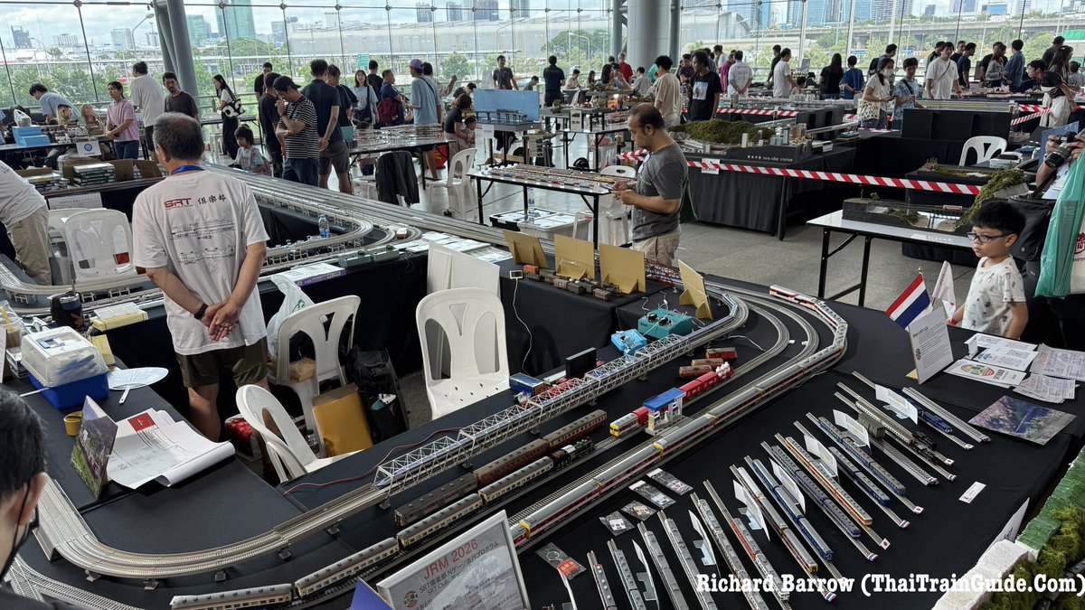 ThaiTrainGuide's tweet photo. Last chance today to visit JRM2026: Raillation at Krung Thep Aphiwat Station. The model railway exhibition, organized by Japan Rail Model Club TH, features large train layouts, interactive displays, a marketplace, and family-friendly activities. The State Railway of Thailand (SRT) is also taking part with its Mission Zero railway safety campaign. The event runs until 7:00 p.m. today at M Floor, Gate 4, Krung Thep Aphiwat Station.

#ThaiTrainGuide #ThaiTracks #ThailandByRail #RailTourism #ThaiTrans #Thailand #JRM2026 #Raillation #ModelRailway #SRT #KrungThepAphiwatStation