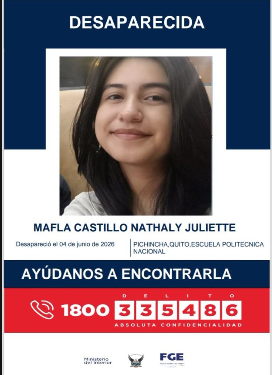 EPNEcuador's tweet photo. Expresamos nuestra solidaridad con la familia de nuestra estudiante Nathaly Juliette Mafla Castillo.
Solicitamos que, si poseen cualquier información veraz la compartan en el contacto oficial habilitado: 1800 335 486. 
Seguiremos colaborando en lo que su familia requiera. https://t.co/JTP9FTpU8B