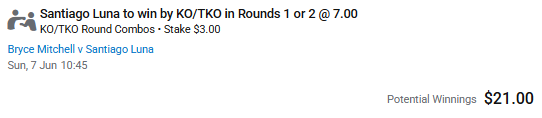Slayer_Tip's tweet photo. The narrative here is that Luna’s wrestling background should be enough to negate Mitchells own wrestling, but given the short notice nature of the bout, I have to give the pick to Mitchell here even though he looked a little scraggly on the scales. Mitchell via Dec (1/3) #UFCVegas118 (All over the place here!)