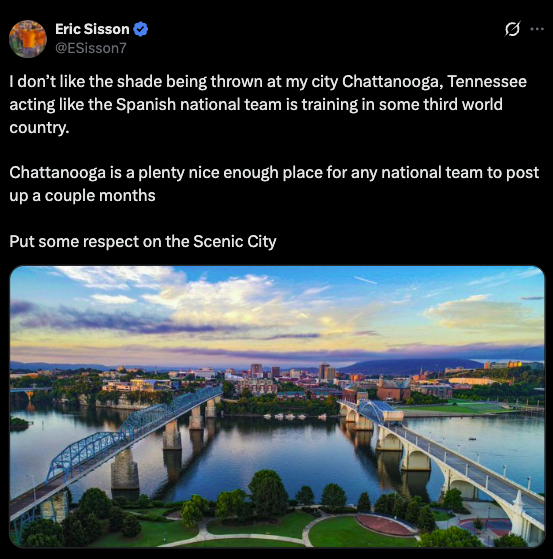 TrungTPhan's tweet photo. Great early World Cup subplot is people coming to the defense of Chattanooga after all the comments in this  post talking about how the Spanish team wouldn't enjoy Chattanooga https://t.co/VEl00RsUZz