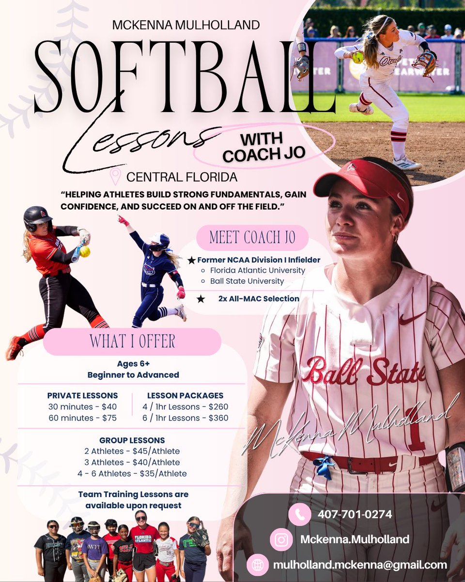 mmulholland_1's tweet photo. π₯ Softball lessons with Coach Jo are here!
Building fundamentals, confidence, and game-ready athletes one lesson at a time. Private and group lessons available in Central Florida.
DM me to get started! πͺβ¨
#softballlessons #centralflorida #softballtraining #YouthSports https://t.co/XZwposTtJt