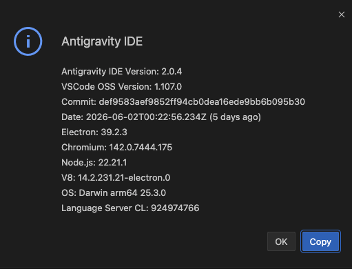 afdz_dev's tweet photo. Hey @antigravity team, 
When I try to check for updates, I get this error (first picture). 
Does anyone know how to solve this?

Details of my current version in the second pic. https://t.co/cN0xQft7vg