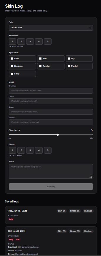 aazhar9's tweet photo. The skin log form is live. If you have chronic skin issues and suspect food is triggering flares, this is being built for you.

Still rough. But it works.

👉 https://t.co/mTVWov678b

#buildinpublic https://t.co/biIW72NIfW