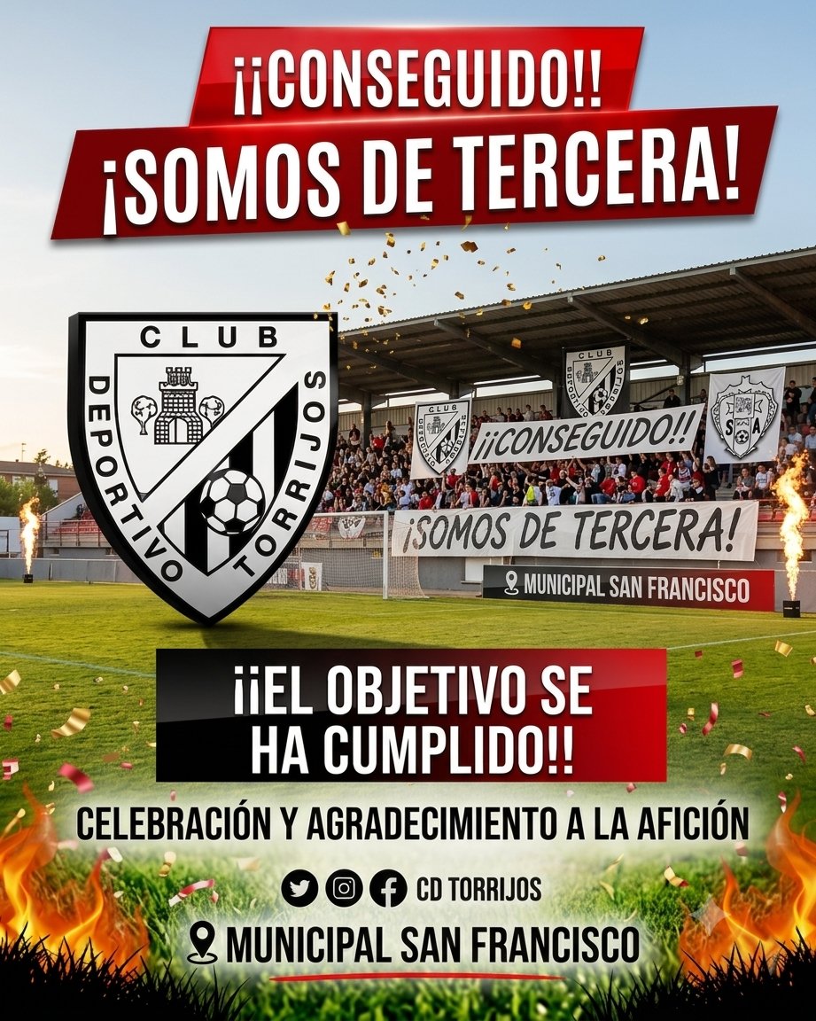 cdtorrijos_ofcl's tweet photo. 🔥 ¡SOMOS DE TERCERA! 🔥
Después de una temporada de lucha, esfuerzo y corazón…
¡LO HEMOS CONSEGUIDO! 

Este equipo, esta afición y este escudo se merecían este momento.
Gracias a todos los que habéis estado apoyando en cada partido, en cada entrenamiento y en cada kilómetro . https://t.co/mmVayUkIQQ