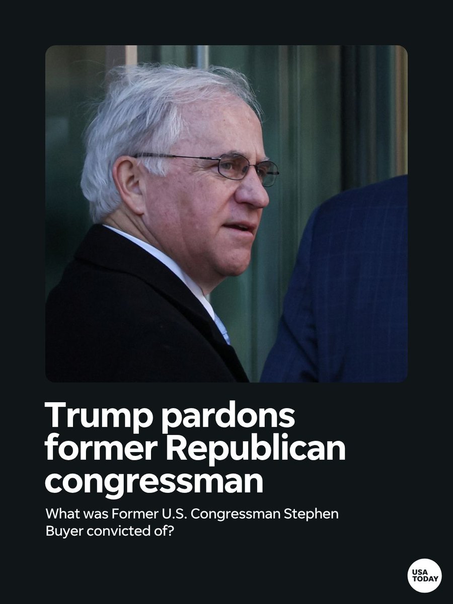 USATODAY's tweet photo. President Donald Trump pardoned former Indiana Republican Congressman Steve Buyer, who was convicted in 2023 of insider trading, on June 4.

Buyer was convicted by a federal jury in New York after testifying at a trial that lasted more than a week.

Prosecutors accused him of making about $350,000 off of trades based on insider information he gleaned through consulting work. In one trade, for instance, they said he bought shares of Sprint ahead of its 2018 merger with T-Mobile after confidentially learning the merger was coming.

📸: BRENDAN MCDERMID, REUTERS

Read more: https://t.co/tfE7khraUU