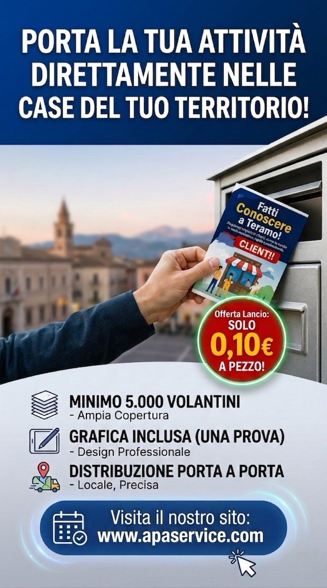 apaservic's tweet photo. Contattaci per verificare la copertura del servizio nella tua area.
#marketinglocale #volantinaggio #graficapubblicitaria #stampa #pubblicità #teramo #abruzzo #apaservice #businesslocale #portaaporta #comunicazione #promozione https://t.co/BwoAWsVQ3b