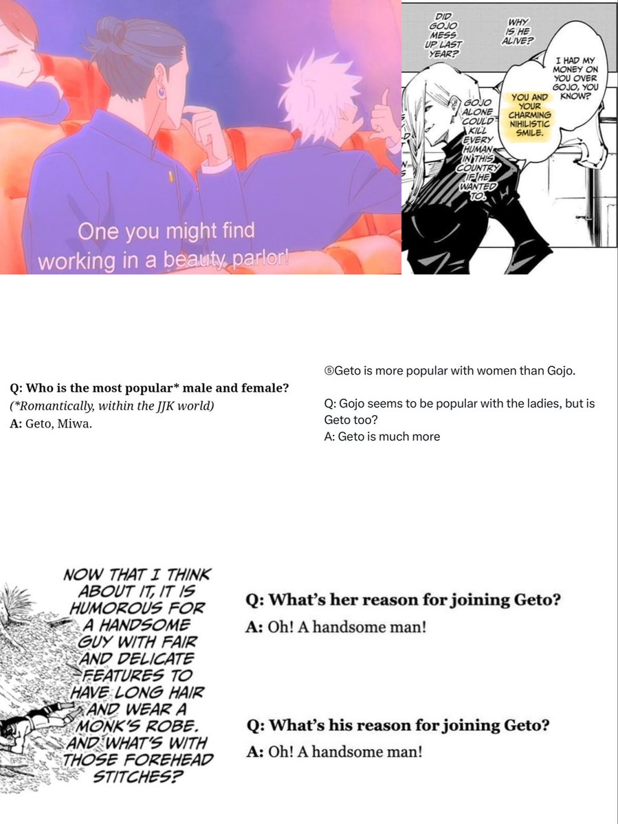 sularehaii's tweet photo. Never forget that Geto canonically is:

1- the most popular male character in the jjk universe
2- both men and women joined his cult bc he’s attractive
3- more popular with women than Gojo
4- the most praised male character for his looks in the manga https://t.co/AlIms1hINJ