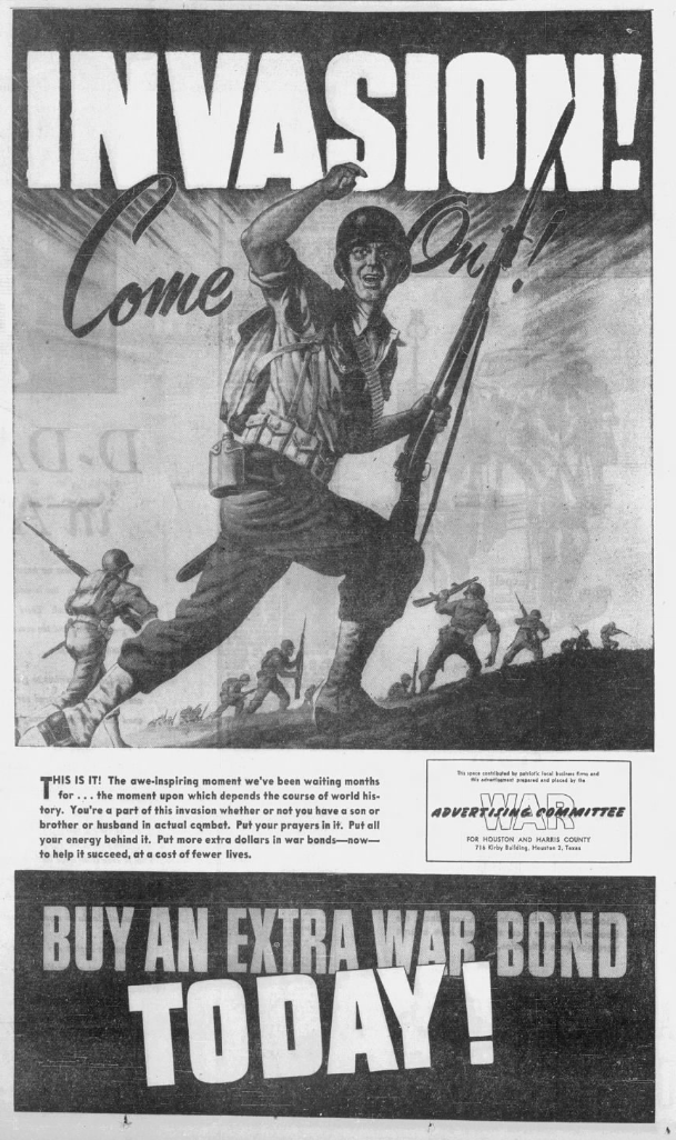 comlabman's tweet photo. 19440606 THE HOUSTON POST
Wednesday, June 7, 1944, P4
D-Day Invasion
War Bonds Ad https://t.co/6qmsc4t5fo