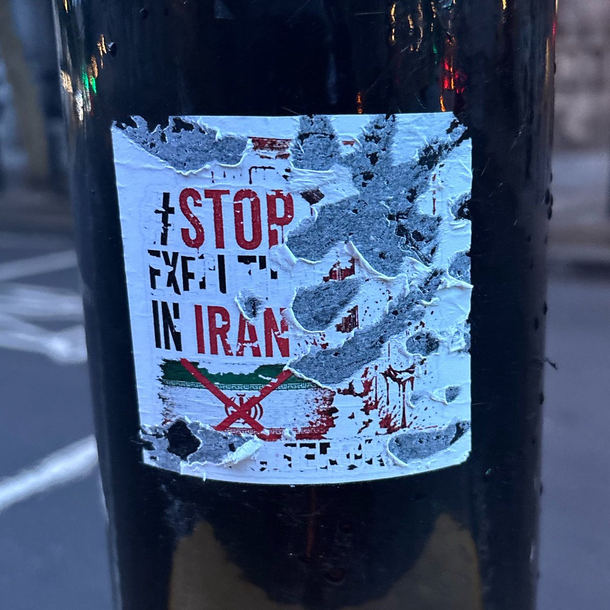 NicholasLissack's tweet photo. This sickens me: a “Stop Executions in Iran” sticker viciously vandalised.

Imagine having zero empathy for innocent Iranians on death row for daring to protest, a fundamental human right.

Islamists and leftists are a toxic plague on British society. They utterly disgust me. https://t.co/ouuY8bAXt5