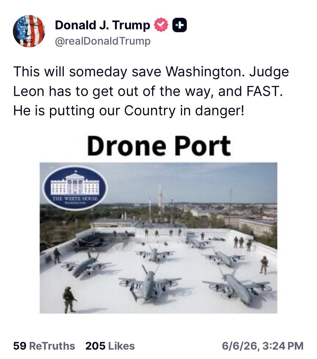 atrupar's tweet photo. Trump on his desired White House drone port: “This will someday save Washington. Judge Leon has to get out of the way, and FAST. He is putting our Country in danger!” https://t.co/nMYqT1aJcu