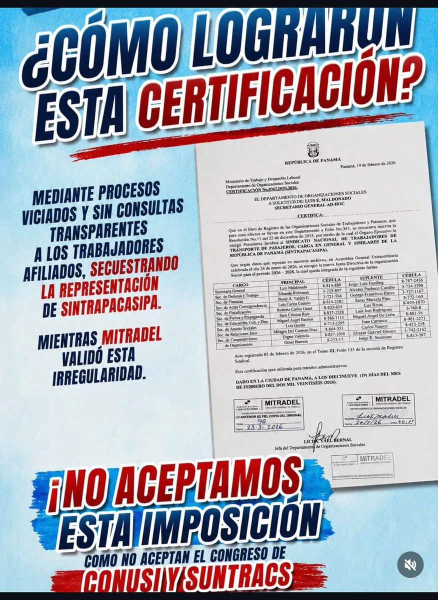 ClaridadPanama1's tweet photo. ¡Urgente!
Modus operandis mafioso de la ministra de Trabajo bajo órdenes de Mulino.
Con actas brujas certifican directivas que trabajadores no eligieron.
Lo mismo hicieron con CGTP, CONATO y FSTRP.
Están robando sindicatos en plena conferencia Internacional OIT en Ginebra, Suiza. https://t.co/x0NmLUupDQ