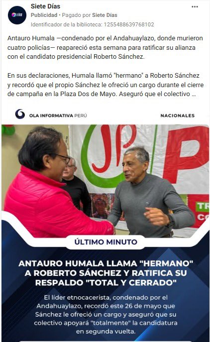 Ojo_Publico's tweet photo. 🚨Luego de que #OjoPúblico revelara que la empresa ecuatoriana Karamba Comunicación Digital pagó por más de 200 anuncios sobre candidatos presidenciales en Perú, aparece otro caso.

🔎Se trata de Siete Días, anunciante en Meta, cuya página es administrada desde México 🇲🇽.🧵 https://t.co/1u0741p2A0
