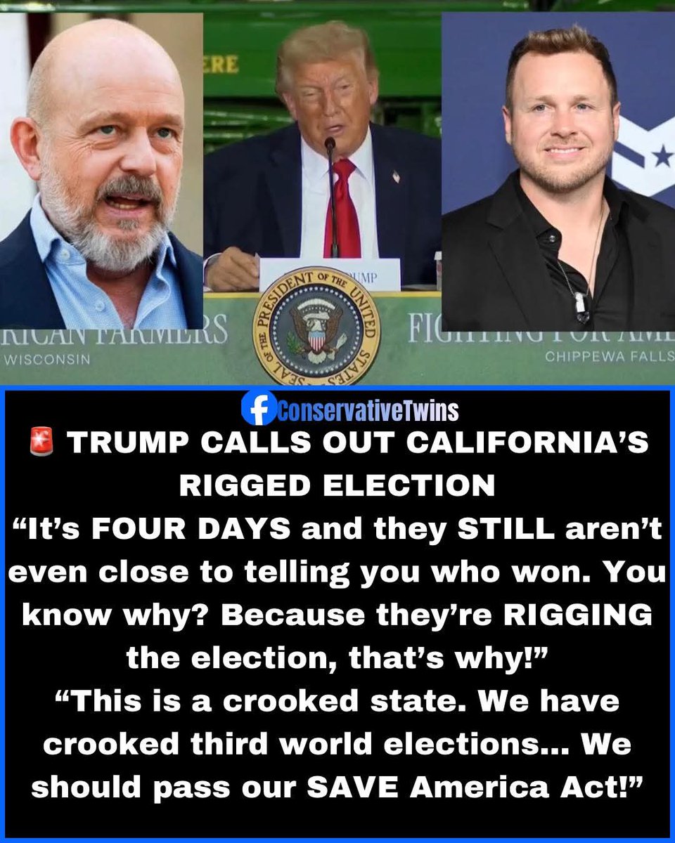 daddymaster1972's tweet photo. FACTS 👇 
President Trump just directly called out the suspicious delays in California’s vote counting, specifically in the LA mayoral race involving Spencer Pratt and Steve Hilton:

“It’s FOUR DAYS and they STILL aren’t even close to telling you who won. You know why? Because they’re RIGGING the election, that’s why. Four days!”

He continued: “It’s a crooked state. We have crooked third world elections in a lot of our states and we should pass our SAVE America Act!”

This comes as California continues its painfully slow, opaque counting process with late ballot drops that always seem to shift results in one direction.

While other states finish quickly, California turns elections into multi-day (or multi-week) mysteries.

Trump is right, this kind of dysfunction destroys trust. The SAVE America Act, which includes voter ID and proof of citizenship, is long overdue.
@iamjilly153