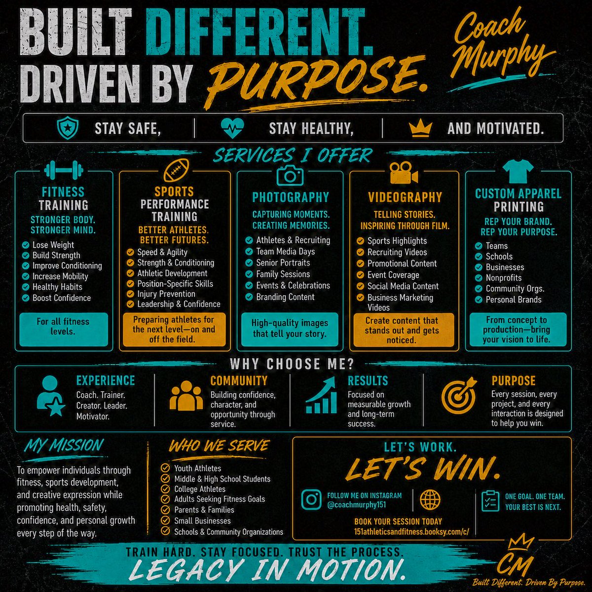 CoachDMurphy151's tweet photo. From developing athletes and transforming lives through fitness to capturing moments through photography, videography, and custom apparel, I’m committed to helping people become the best version of themselves. If you’re ready to grow, compete, create, and win, let’s get to work‼️ https://t.co/sxe2lTMPzK