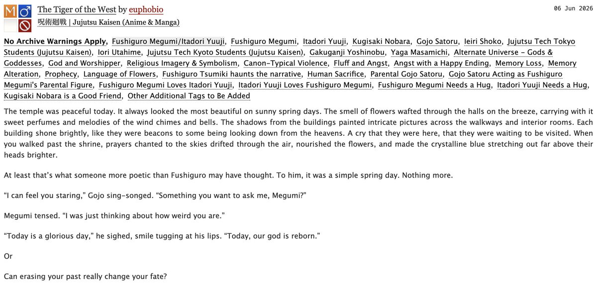 euphobio's tweet photo. The Tiger of the West by euphobio
[ #itafushi #itfs #虎伏 | rated m ]
⟢ 17k, ongoing, chapter 1/6
⟢ god/worshipper au

https://t.co/08MH3t7sMI https://t.co/MBAEga0n38