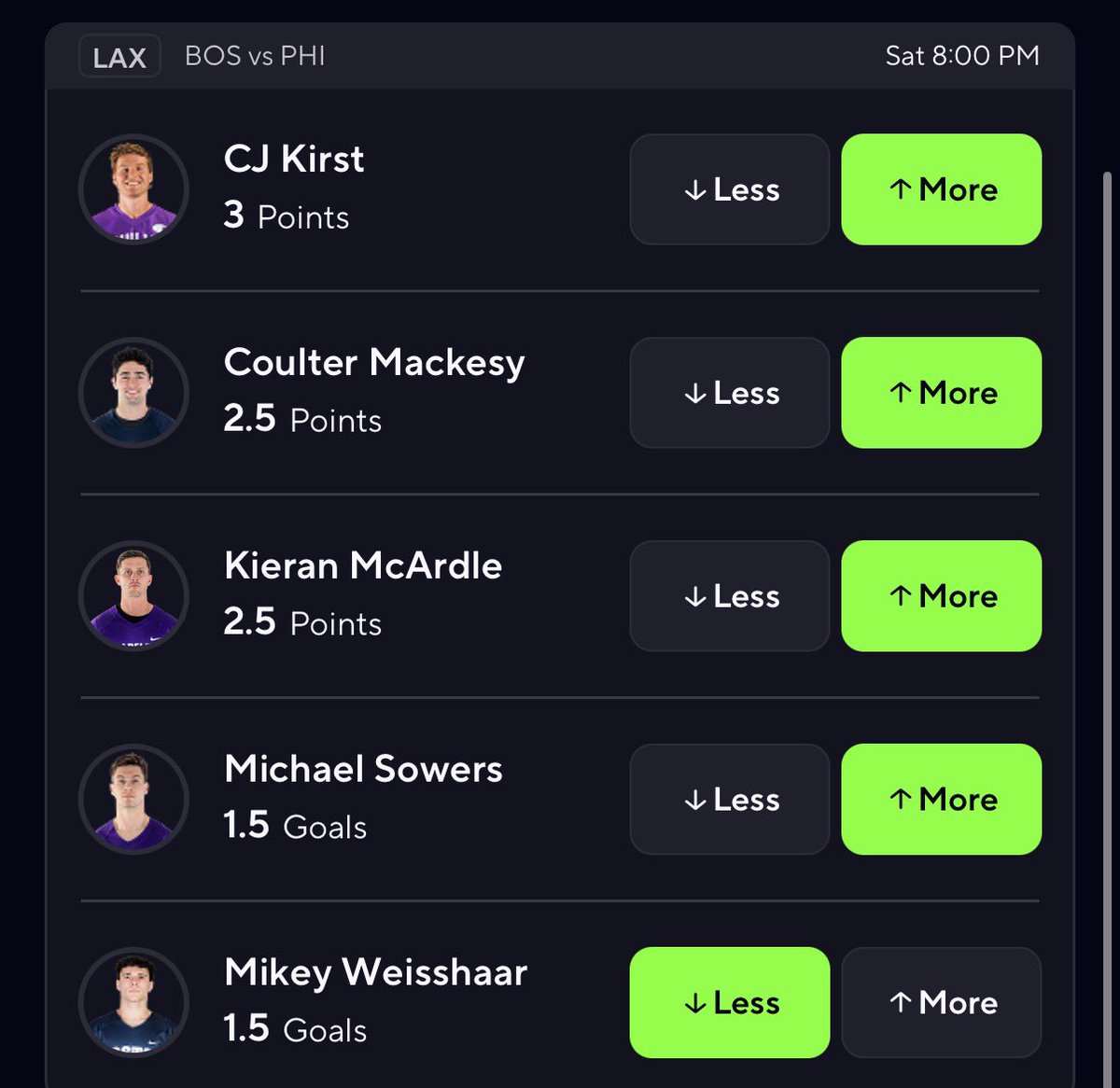 LLodre's tweet photo. Here’s what I got for the #PLL games today, thanks to @pdawgprops for the help with the Kirst POTD, I love that along with mine is Eicher U 1.5 Goals, let’s get it! #PrizePicks #GamblingX https://t.co/6oybGH8Wgw