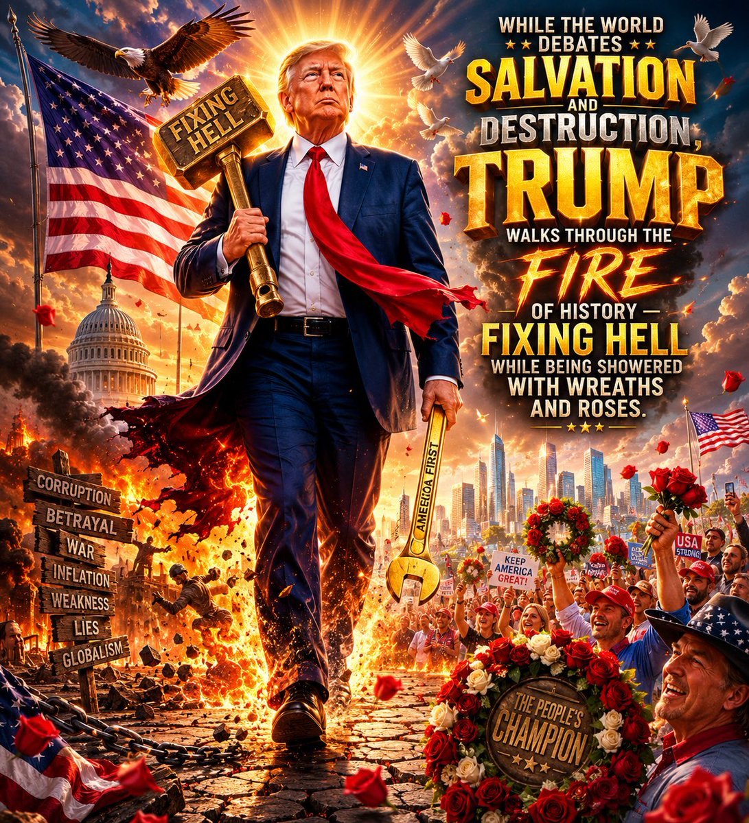 Desairous's tweet photo. @realDonaldTrump @elonmusk @netanyahu While the world debates salvation and destruction, Trump walks through the fire of history — fixing hell while being showered with wreaths and roses.- Suril @Desairous https://t.co/Tm5cZOkZna