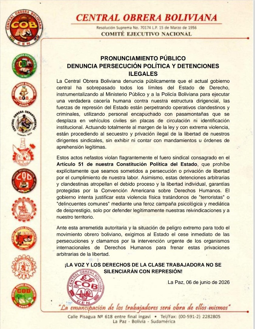 JOTACE7777's tweet photo. Bolivia: La Central Obrera denuncia persecución política https://t.co/tlVaNUES2r