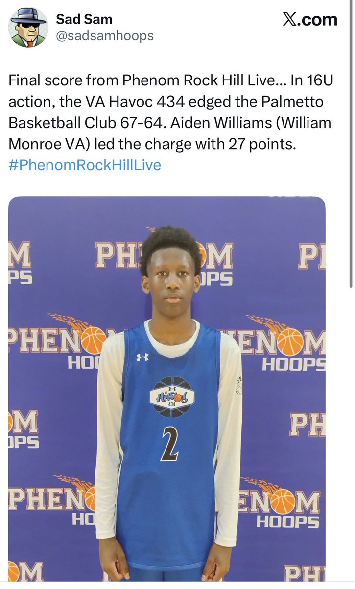 VAHavoc's tweet photo. Congratulations to William Monroe High c/o 2028 Aiden Williams @Aidenwillams_15 on our @Vahavoc434 16U-Dickerson team on being selected as Game MVP’s at @Phenom_Hoops Rock Hill Live tourney in Rock Hill, SC! #AidenWilliams #ProtectThisHouse https://t.co/Mw1jwK5bn6