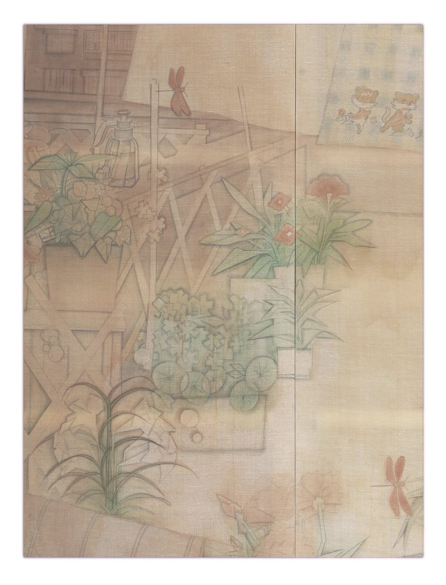 9semi29's tweet photo. 师傅给我拍成啥出土文物了算了反正我画的是儿童简笔画
（拍的效果很暗所以调了下，实际上颜色很淡很淡
（（画没有拓，直接加的框子所以背后的龙骨非常突兀，但已经上墙了也无所谓了问就说通透感
1.8m x 1.8m  绢本  名字瞎报的叫啥不重要了（ https://t.co/toZ0JraGYI