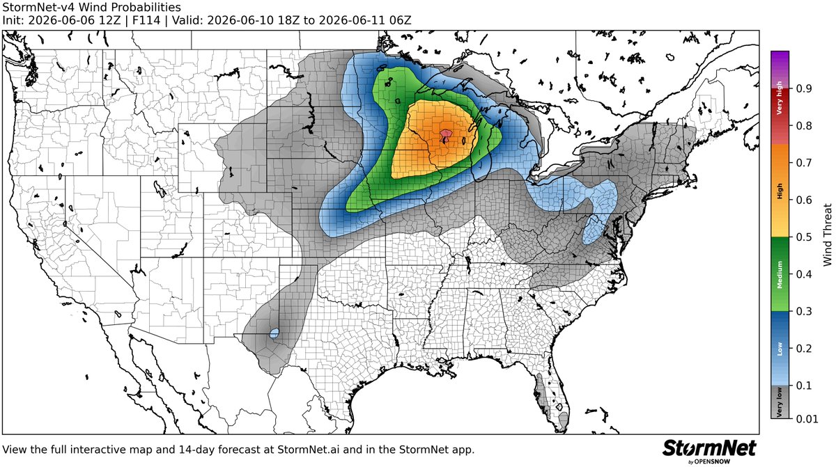 StormNetWx's tweet photo. Elevated threat of *DAMAGING WINDS* detected for Wednesday, June 10th, 2026.

See attached map for details.

This forecast initialized on Saturday morning. Follow for future forecast updates. https://t.co/AjqaNkTHTs