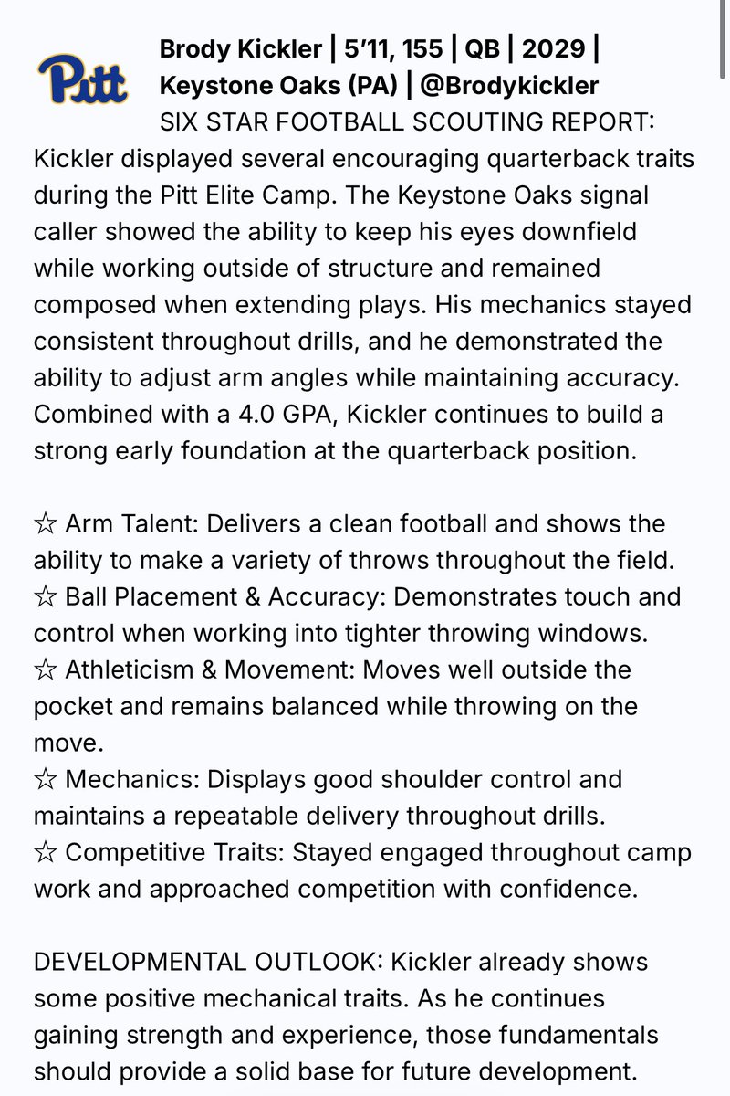 Brodykickler's tweet photo. Thank you to @sixstarfootball for the write up and report on my performance at the @Pitt_FB camp last weekend! 

@Coach_LaBrie @KeystoneOaksFB @WPIAL_Insider @wpialsportsnews @WPIAL_Blitz https://t.co/PElrx4Pr7G