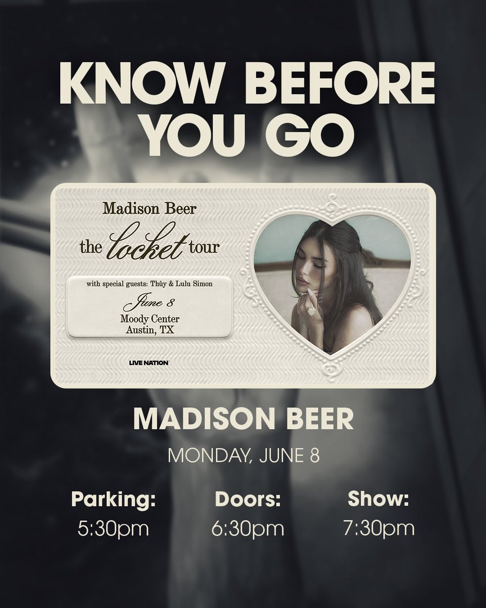 MoodyCenterATX's tweet photo. Madison Beer brings the locket tour to Moody Center on June 8. Get in the know before you #getinthemood.

🚙 Parking: 5:30pm
 🚪Doors: 6:30pm
🎤Show : 7:30pm

🍹Sip on our featured mocktail, Strawberry Locket. https://t.co/DUbq2n5RZ6
