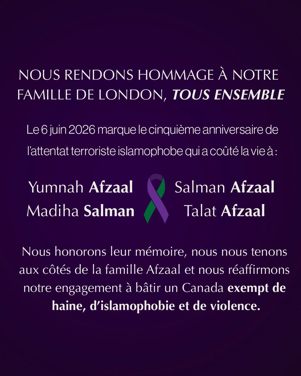 MarcMillerVM's tweet photo. 5 ans ont passé depuis que Salman, Madiha, Yumnah et Talat ont perdu la vie dans un crime islamophobe odieux en Ontario. Nous devons honorer leur mémoire en continuant, chaque jour, de bâtir un pays où chaque musulman peut vivre et pratiquer sa foi sans crainte. https://t.co/jGwKD0gINC
